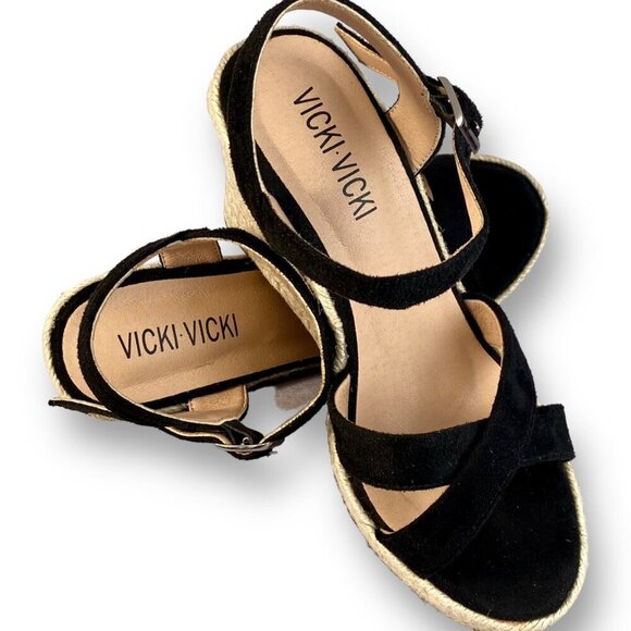 Vicki-Vicki Wedge Heel Sandals Womens 8 Black Suede Jute Ankle Strappy Platform - Picture 7 of 8